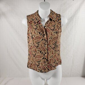 Ann Taylor Petites 2P Sleeveless Silk Paisley Tan Brown Black Red Blouse Top